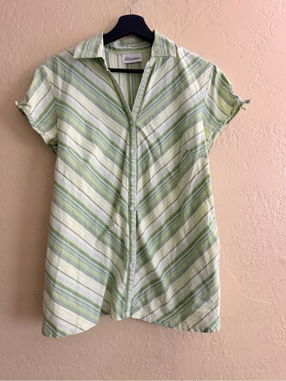 Oh! Mamma Maturity Light Green and White Striped Button-Up Shirt
